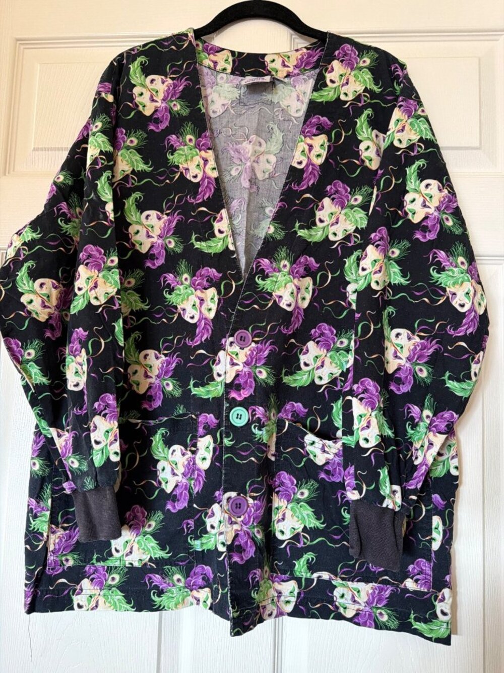 S.C.R.U.B.S. M Mardi Gras-Themed Cardigan Jacket With Colorful Mask Print 100% C
